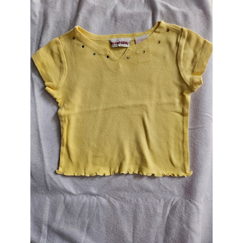 Vintage No Kidding Girls Yellow Studded Lettuce Hem Baby Tee Shirt 4T